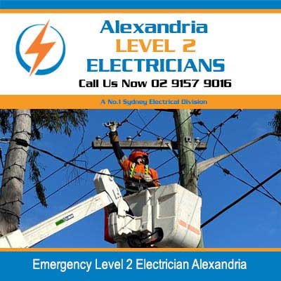 Emergency Level 2 electrician repairing overhead power lines in Alexandria with cherry picker
