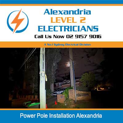Private power pole installation at night in Alexandria by Level 2 electrician
